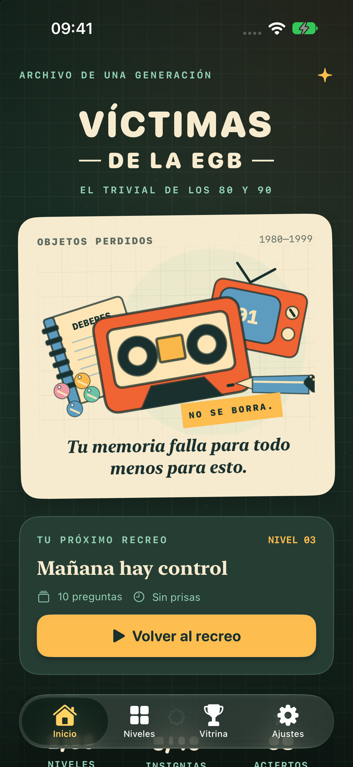 Pantalla de inicio de Víctimas de la EGB: el trivial de los años 80 y 90